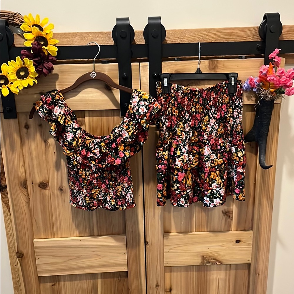 Haute Project Floral Smocked Ruffle Tank Top and Skirt - Black Floral
